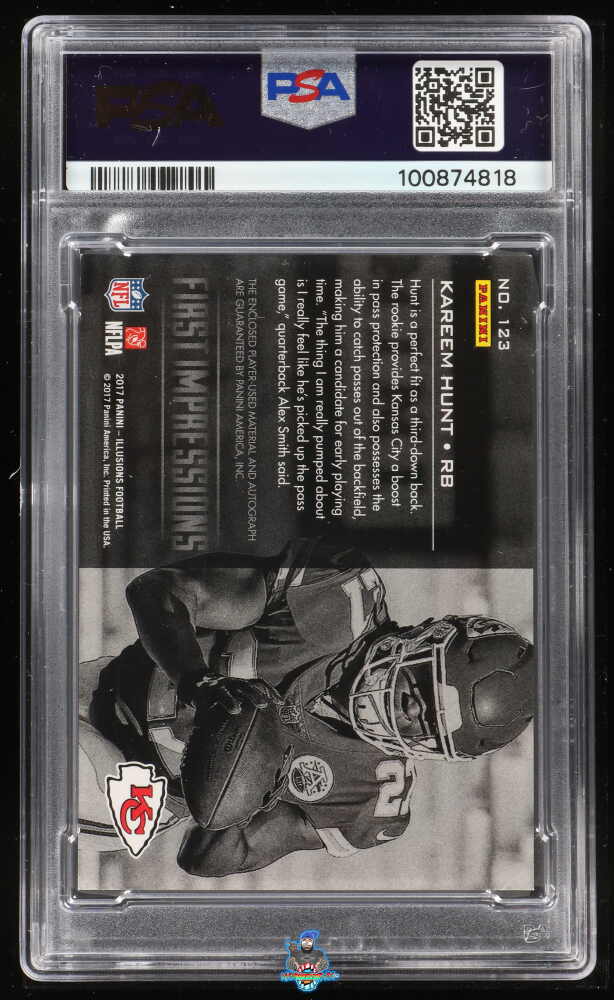 Back of 2017 Panini Illusions Autograph Memorabilia Purple Kareem Hunt #123 /1