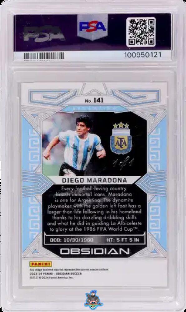 Back of 2023 Panini Obsidian Electric Etch Blue Finite Diego Maradona #141 /1