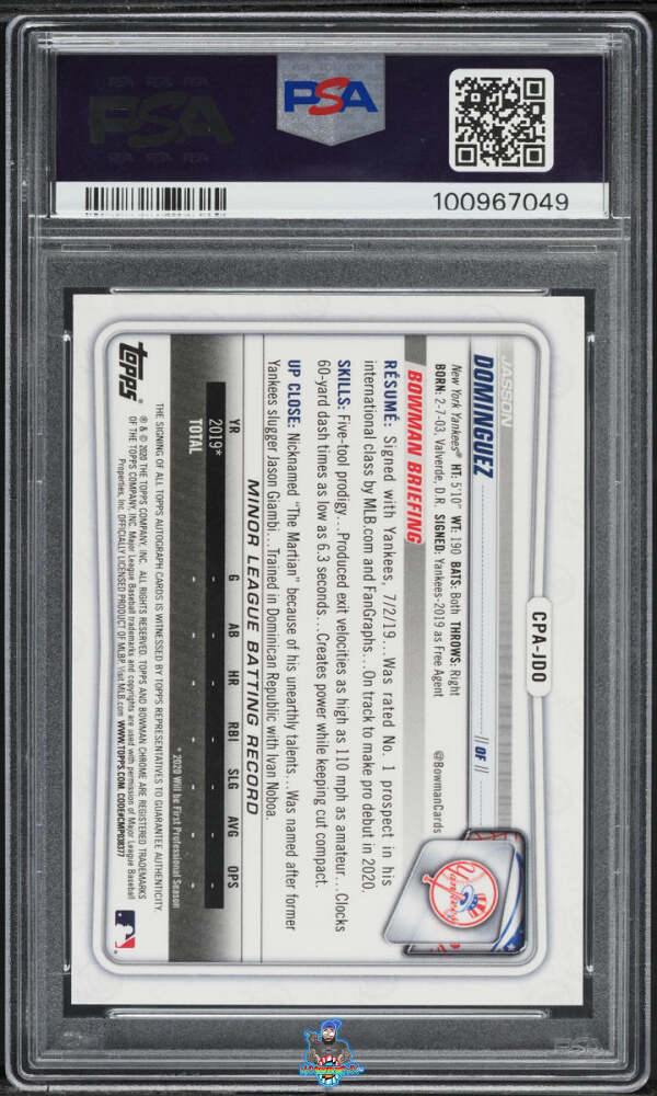 Back of 2020 Bowman Chrome Prospect Autograph Atomic Refractor Jasson Dominguez #CPAJDO /100