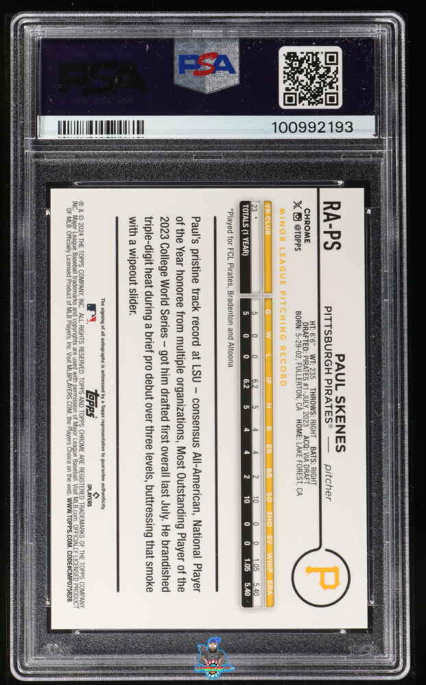 Back of 2024 Topps Chrome Update Rookie Autograph Orange Wave Paul Skenes #RAPS /25