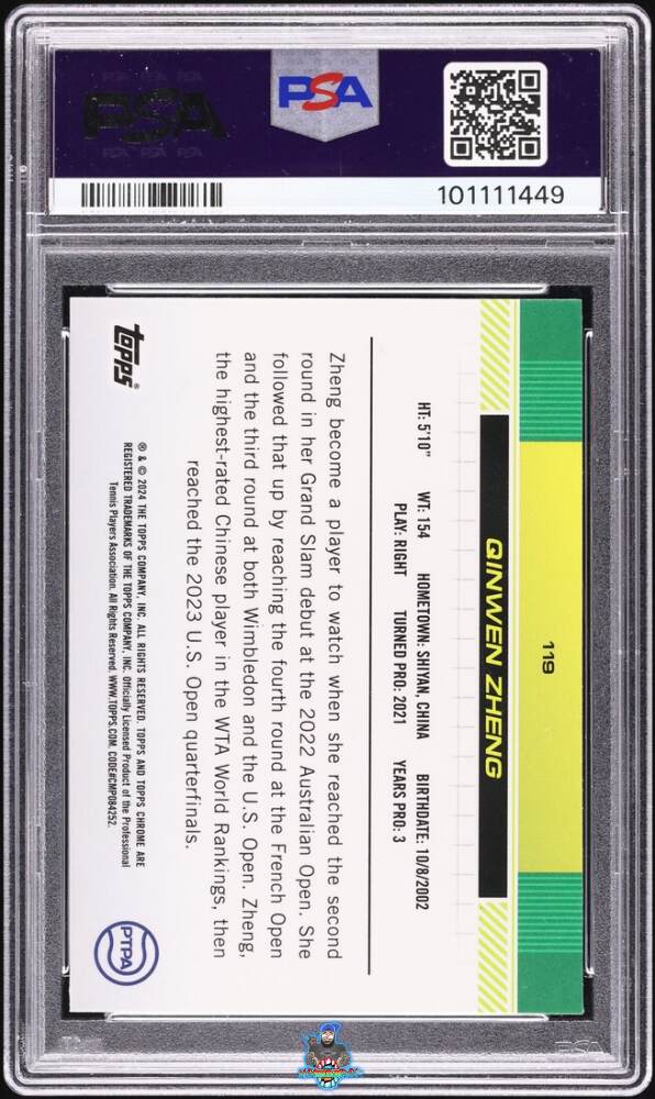 Back of 2024 Topps Chrome Sapphire Tennis Gold Qinwen Zheng #119