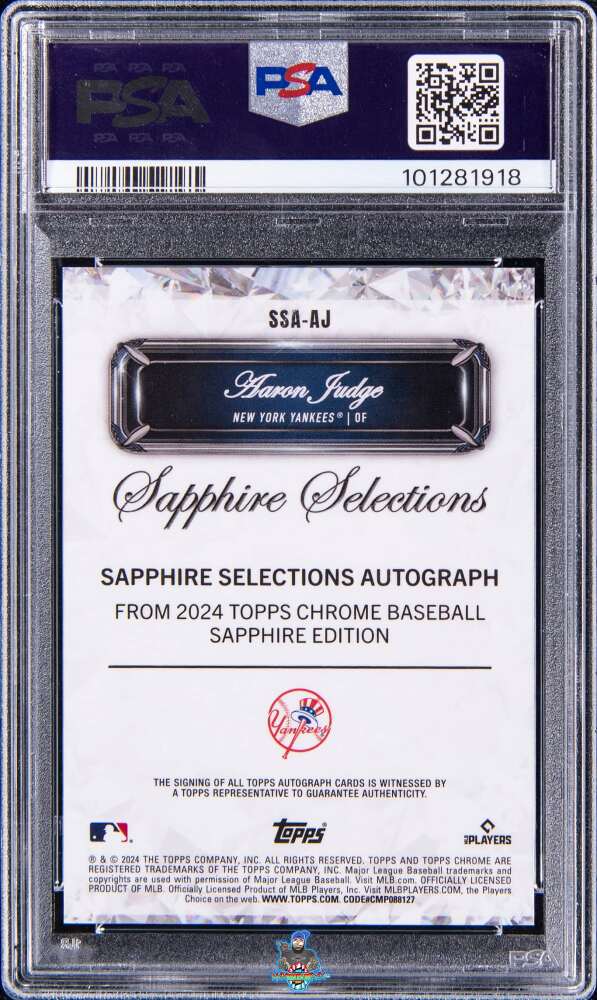 Back of 2024 Topps Chrome Sapphire Sapphire Selections Autographs Selections Auto-Black Aaron Judge #SSAAJ
