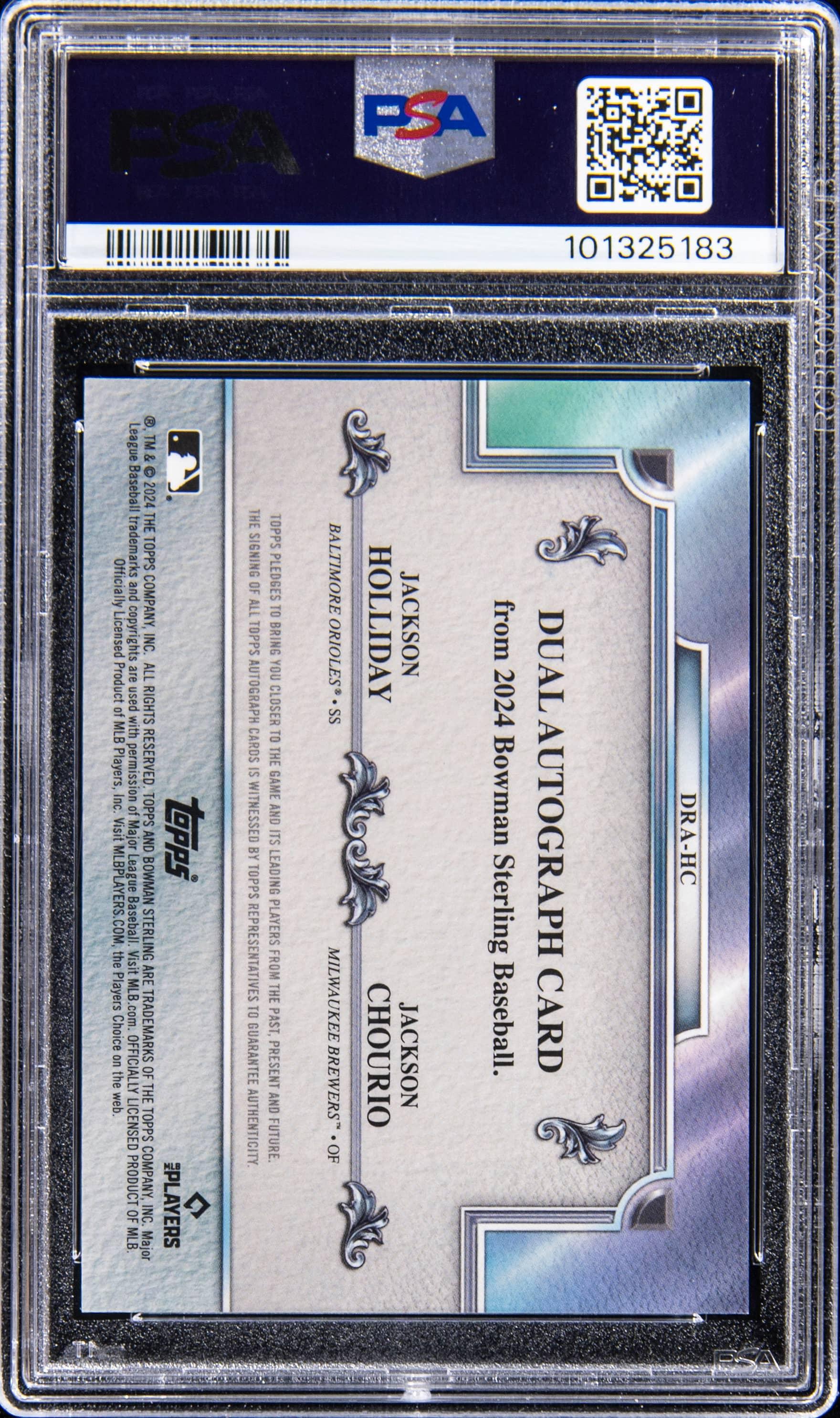 Back of 2024 Bowman Sterling Dual Refractor Autographs Holliday/Chourio #DRAHC