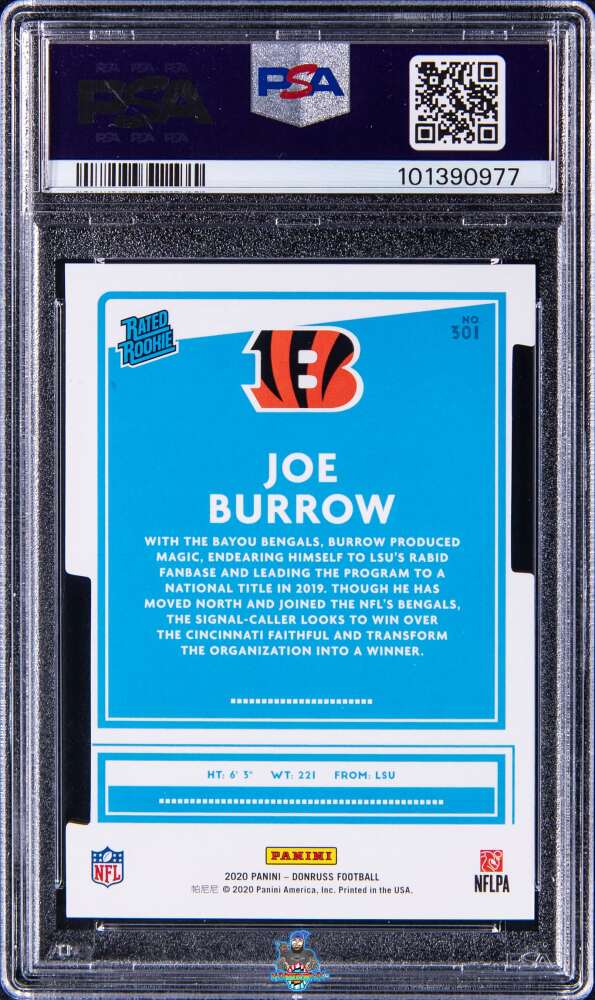 Back of 2020 Panini Donruss Rated Rookie Black Press Proof Die Cut Joe Burrow #301 /1