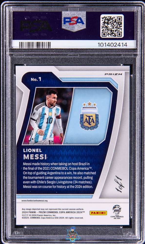 Back of 2024 Panini Prizm Copa America Scorers Club Black Prizm Lionel Messi #1 /1