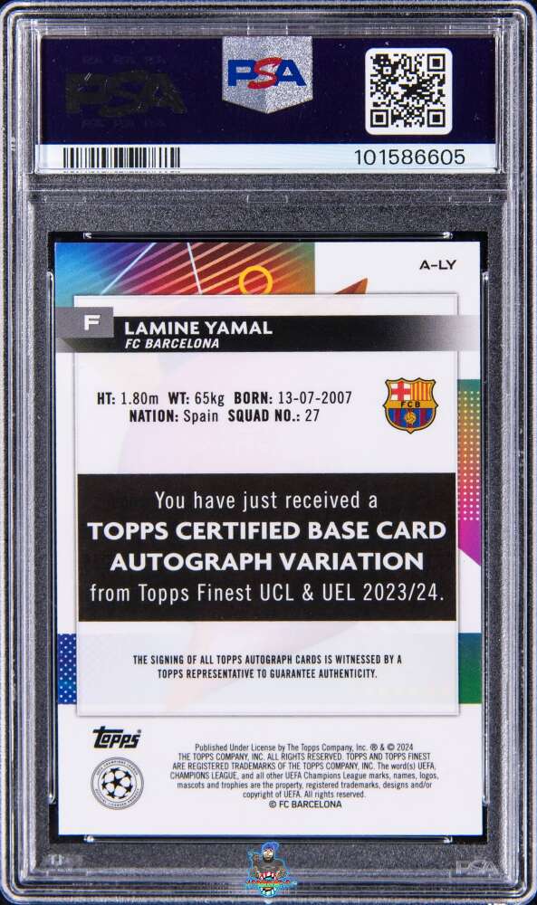 Back of 2023 Finest UEFA Club Competition Autograph Neon Green Refractor Lamine Yamal #ALY /99