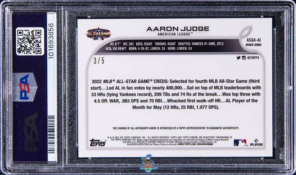 Back of 2022 Topps Chrome Update '22 All Star Game Autograph Red Refractor Aaron Judge #ASGAAJ /5