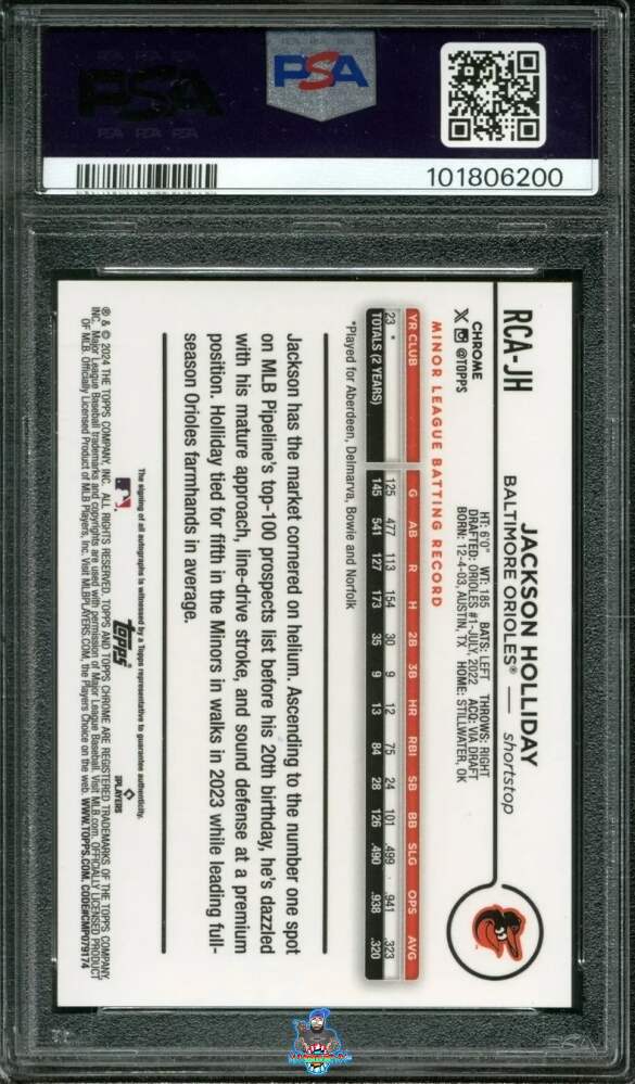 Back of 2024 Topps Chrome Logofractor Edition MLB Refractor Chrome Autographs Autograph-Orange Ref Jackson Holliday #RCAJH