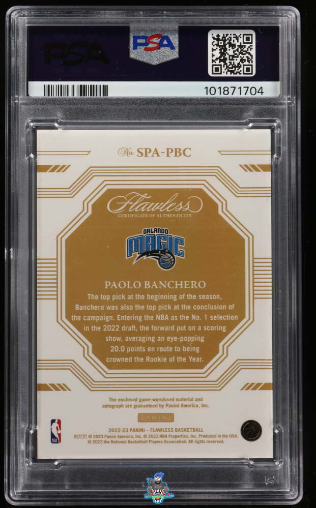 Back of 2022 Panini Flawless Signature Prime Material Emerald Paolo Banchero #37 /5