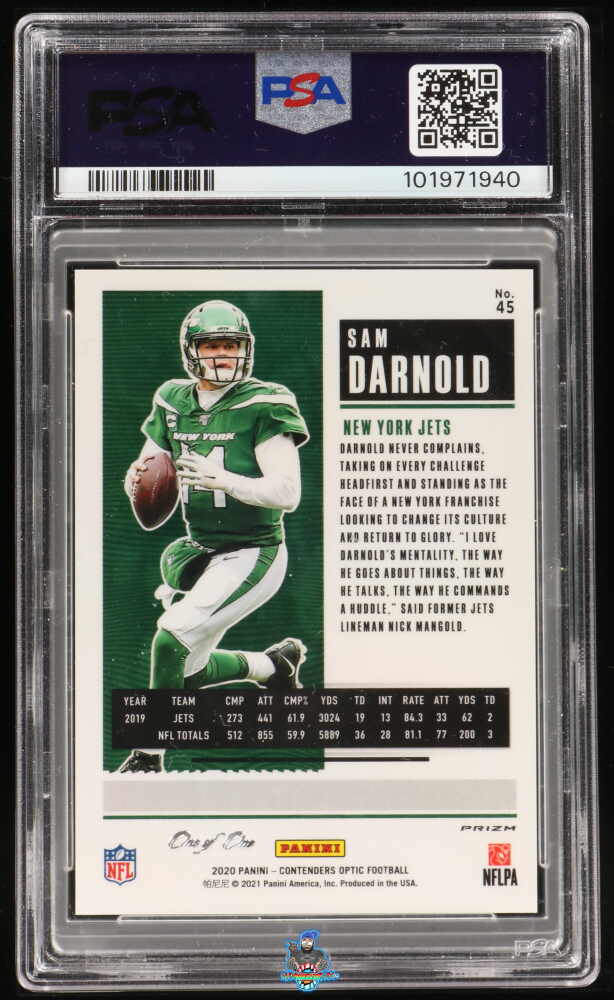 Back of 2020 Panini Contenders Optic Gold Vinyl Sam Darnold #45 /1