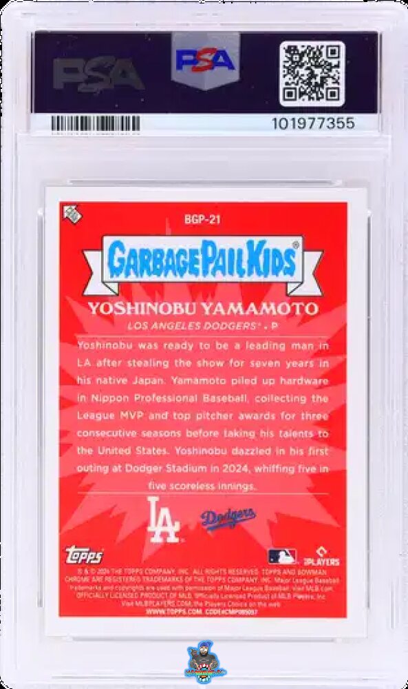 Back of 2024 Bowman Chrome Yoshinobu Yamamoto Garbage Pail Kids Red Refractor Dodging Yamamoto #BGP21 /5