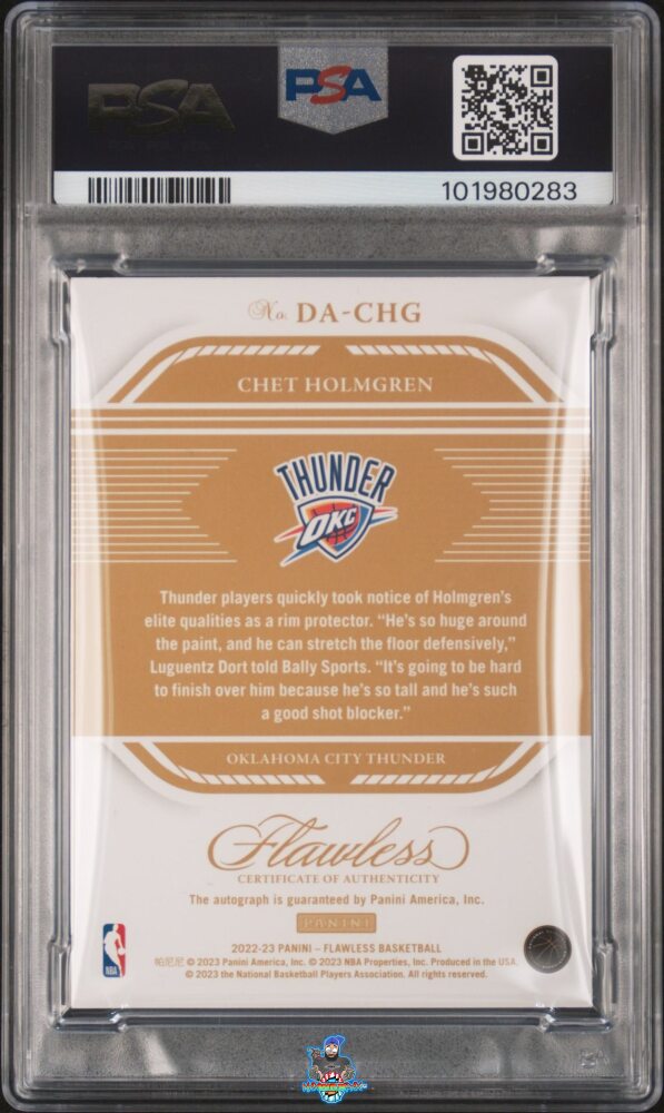 Back of 2022 Panini Flawless Distinguished Autograph Amethyst Chet Holmgren #1 /3