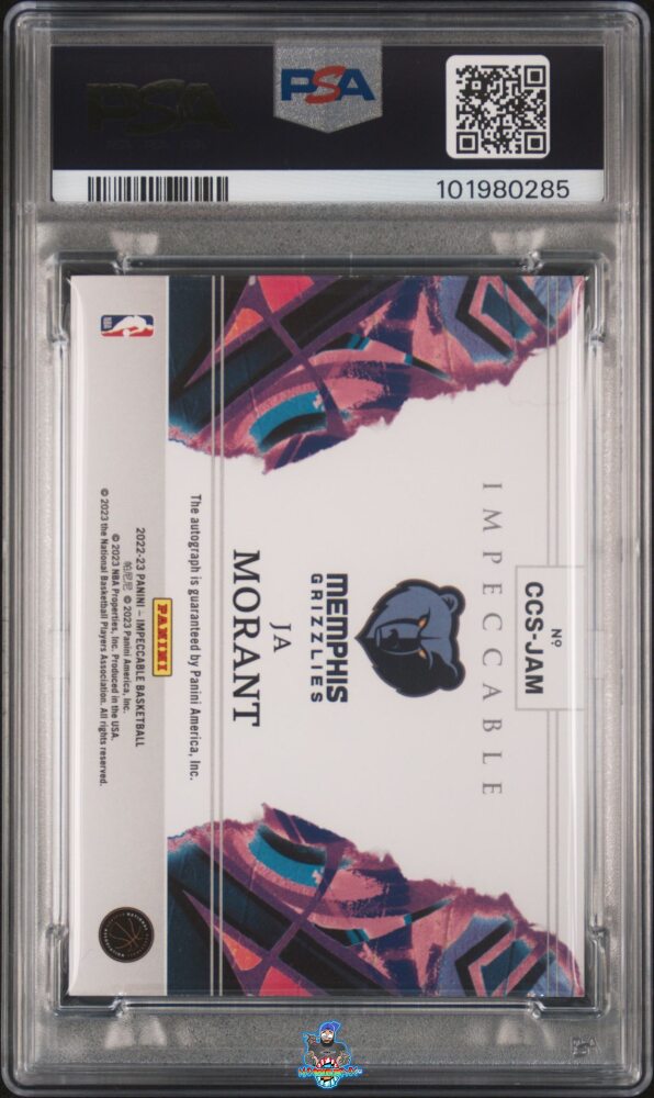 Back of 2022 Panini Impeccable Canvas Creations Signatures Holo Gold Ja Morant #8 /5
