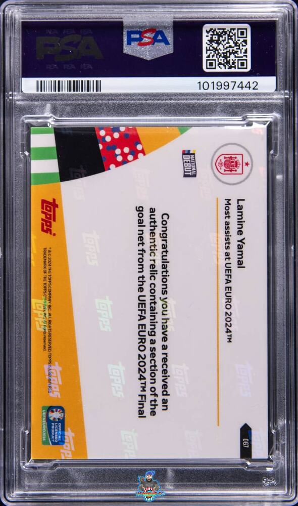 Back of 2024 Topps Now UEFA Euro Goal Net Relic Red Foil Lamine Yamal #67 /10