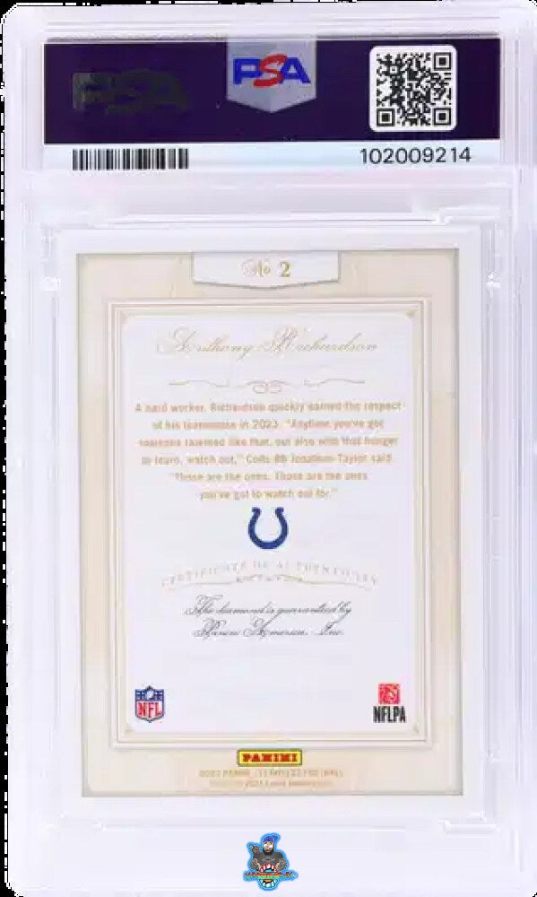Back of 2023 Panini Flawless Anniversary Platinum Anthony Richardson #2 /1