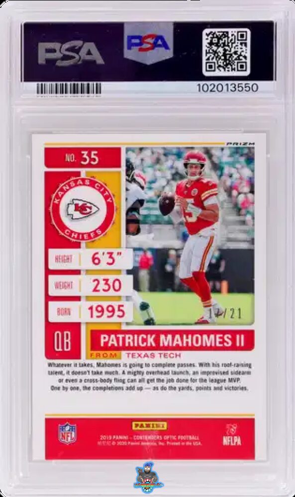 Back of 2019 Panini Contenders Optic Seasson Ticket Purple Pulsar Patrick Mahomes II #35 /21