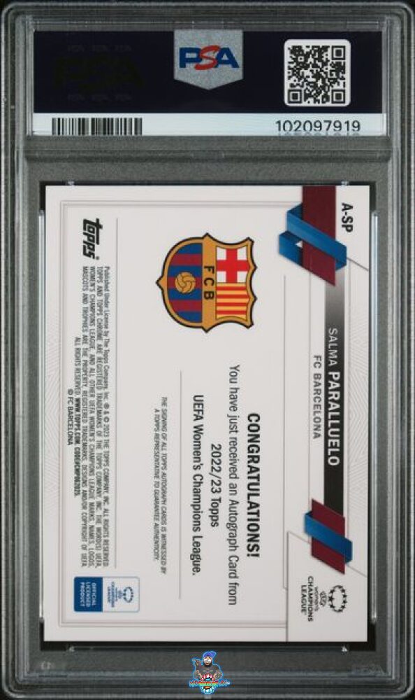 Back of 2022 Topps UEFA Women's Champions League Chrome Autograph Orange Wave Salma Paralluelo #ASP /25