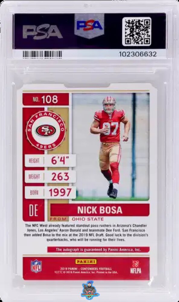 Back of 2019 Panini Contenders Team Logo Rookie Ticket Autograph Nick Bosa #108A /97
