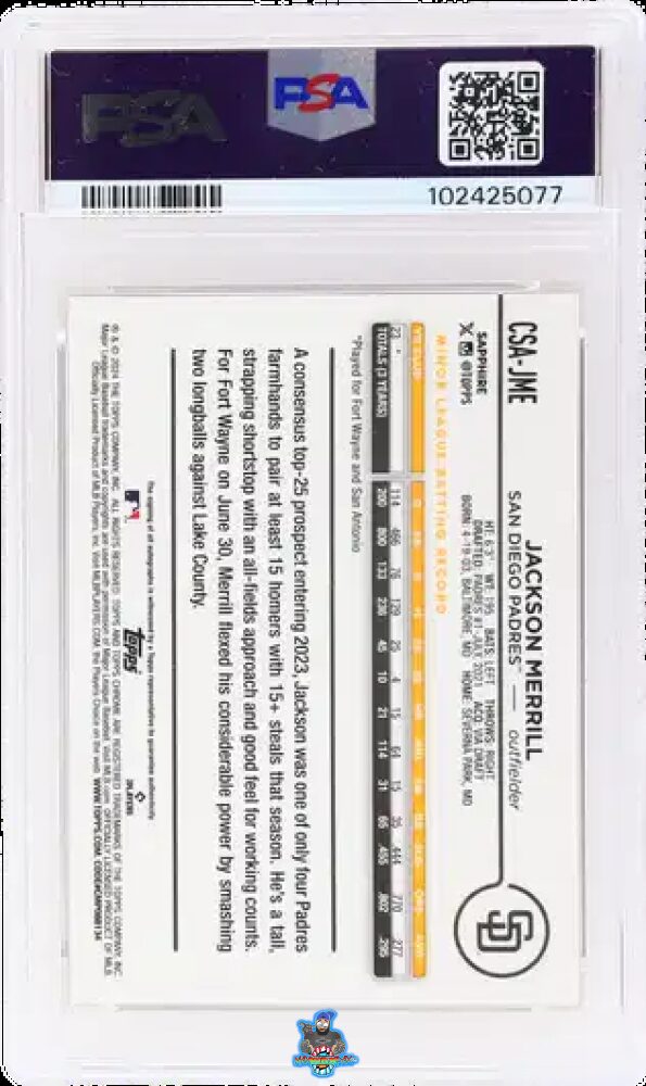 Back of 2024 Topps Chrome Sapphire Autograph Orange Jackson Merrill #CSAJME /25