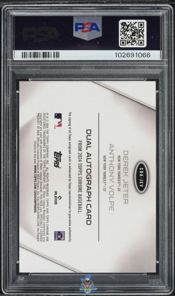 Back of 2024 Topps Chrome Update Dual Autographs Red Refractor Anthony Volpe/Derek Jeter #CDAJEV