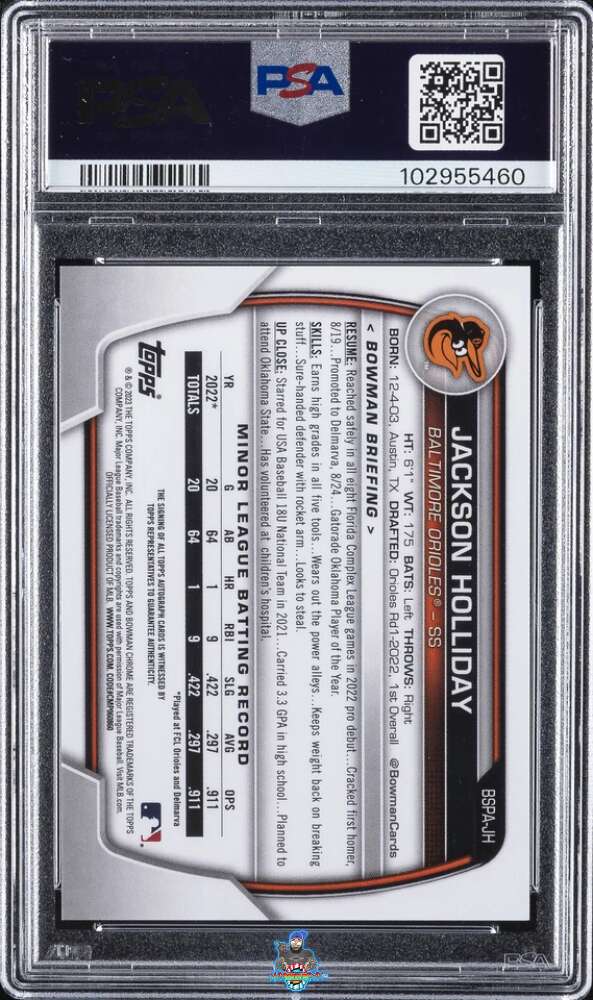 Back of 2023 Bowman Chrome Sapphire Prospect Autograph Green Refractor Jackson Holliday #BSPAJH /50