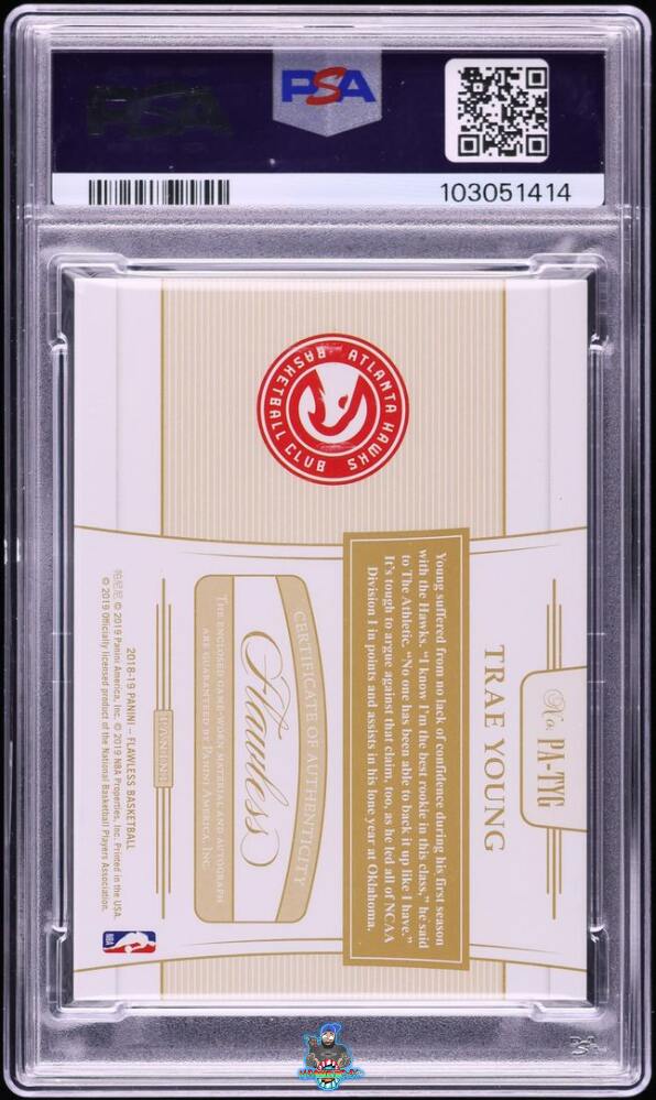 Back of 2018 Panini Flawless Patch Autograph Gold Trae Young #9 /10