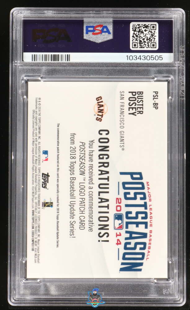Back of 2018 Topps Update Postseason Manufactured Logo Patch Buster Posey #PSLBP