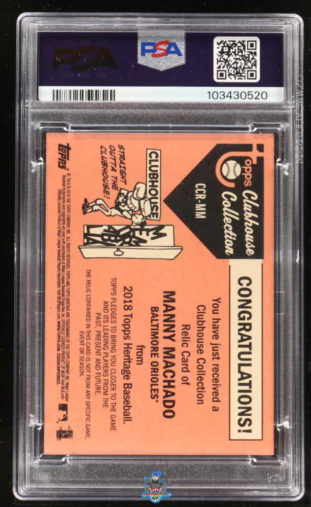 Back of 2018 Topps Heritage Clubhouse Collection Relic Manny Machado #CCRMM