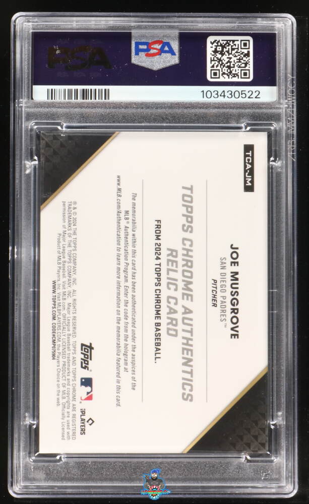 Back of 2024 Topps Chrome Authentics Relic Orange Refractor Joe Musgrove #TCAJM /25