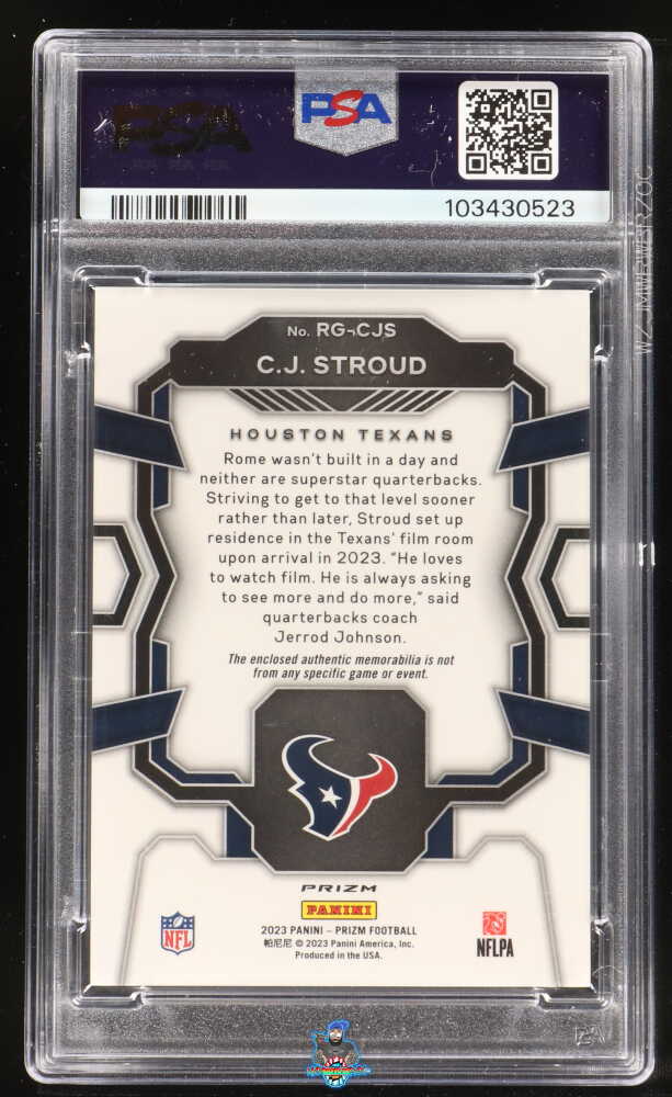 Back of 2023 Panini Prizm Rookie Gear CJ Stroud #RG-CJS