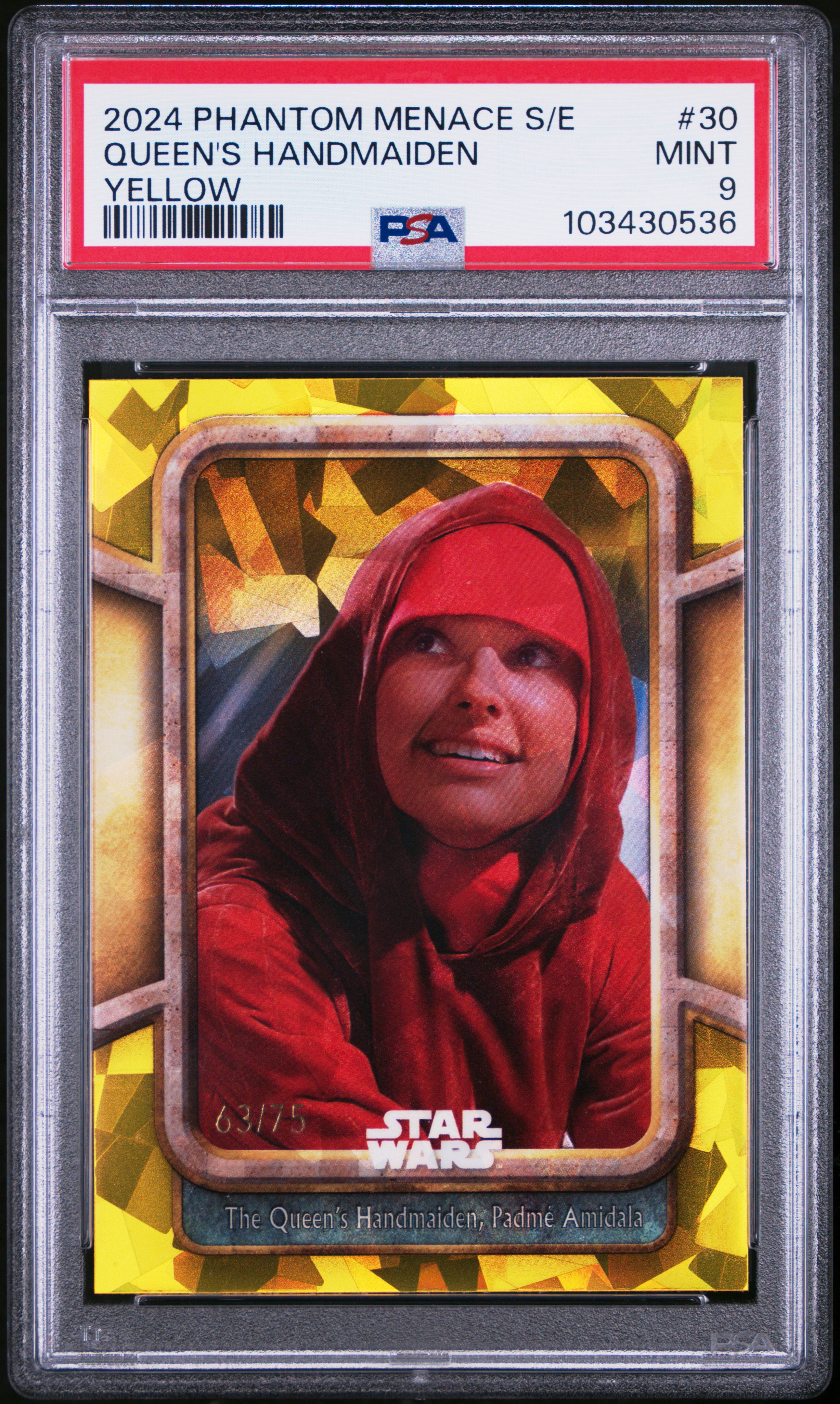 2024 Topps Chrome Sapphire Star Wars the Phantom Menace Yellow Queen's Handmaiden #30 /75