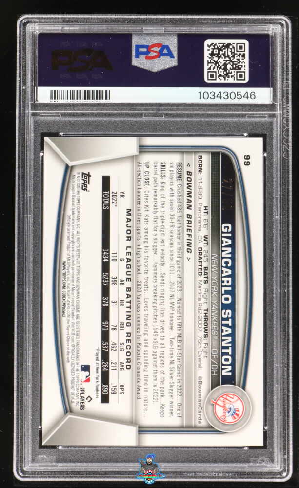 Back of 2023 Bowman Chrome Gold Refractor Giancarlo Stanton #99 /50