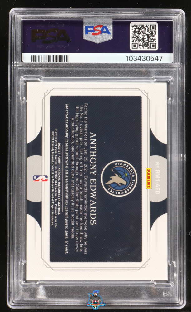 Back of 2020 National Treasures Rookie Materials Anthony Edwards #21 /99