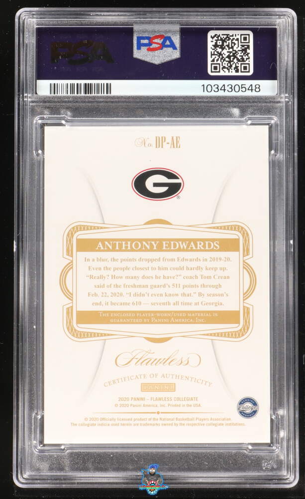 Back of 2020 Panini Flawless Collegiate Dual Patches Gold Anthony Edwards #2 /10