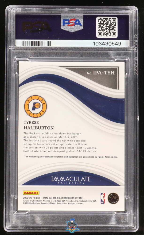 Back of 2022 Immaculate Collection Immaculate Patch Autograph Gold Tyrese Haliburton #IPA-TYH /10