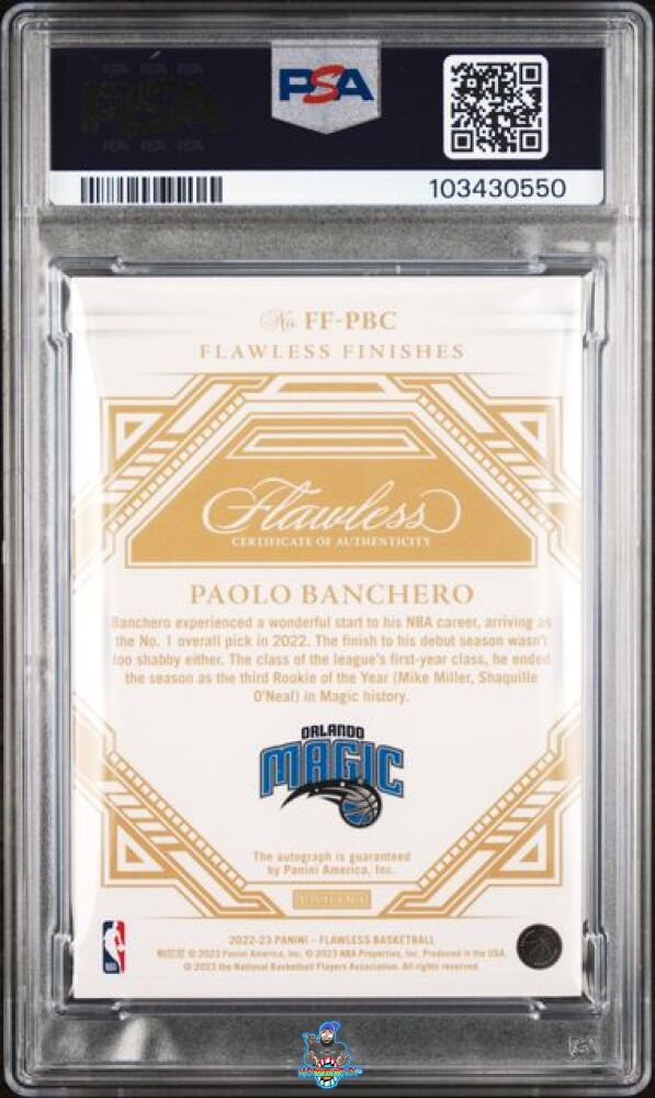 Back of 2022 Panini Flawless Finishes Autograph Paolo Banchero #6 /25