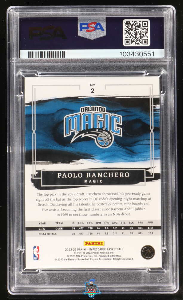 Back of 2022 Panini Impeccable Paolo Banchero #2 /99