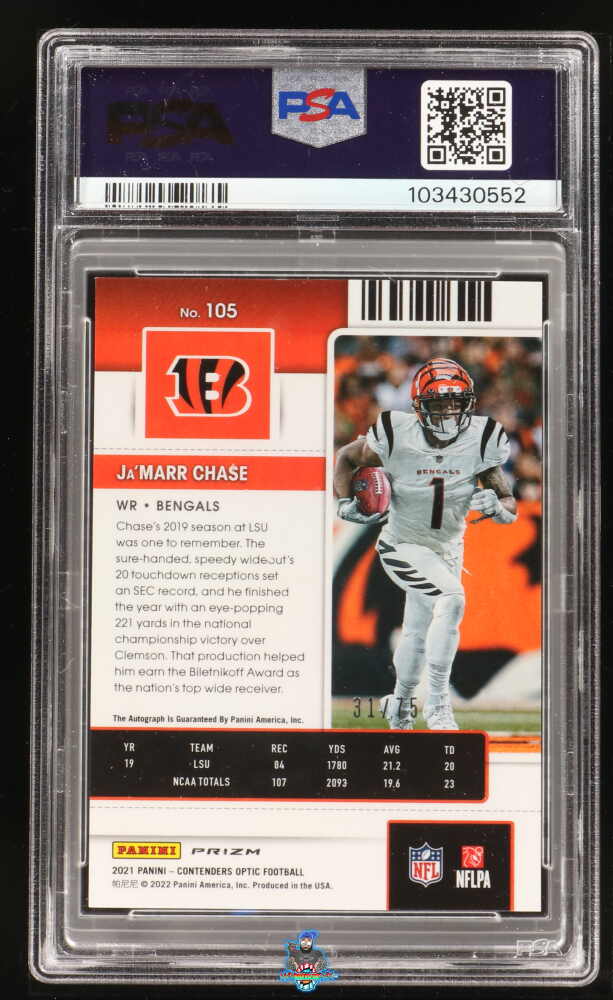 Back of 2021 Panini Contenders Optic Rookie Ticket Autograph Teal Ja'Marr Chase #105 /75
