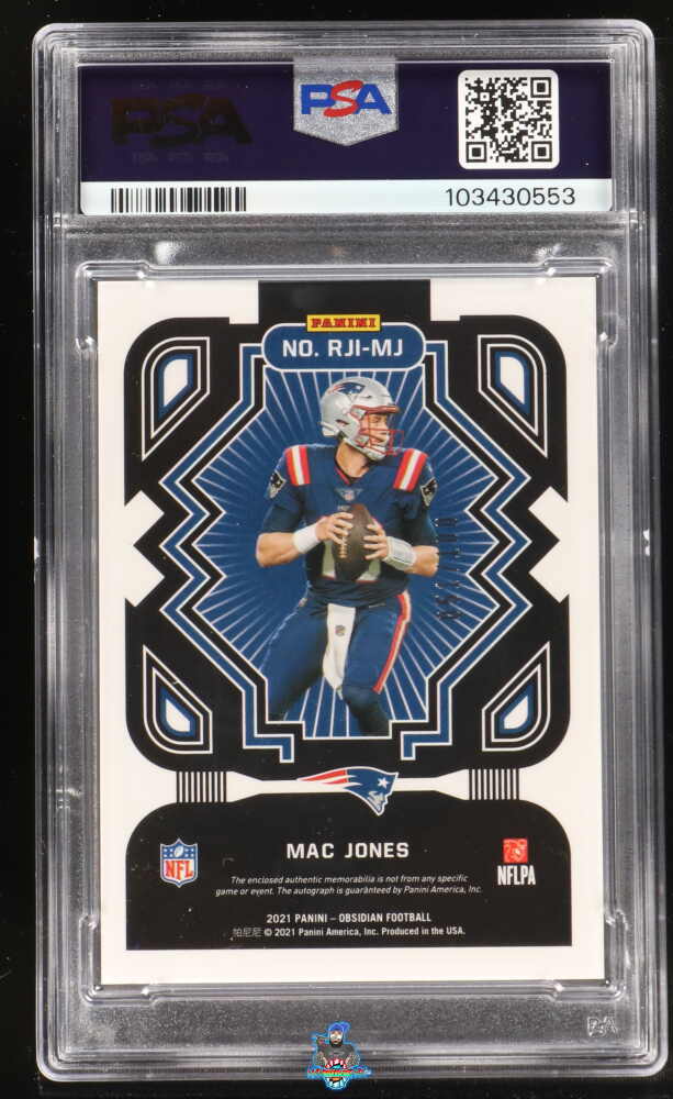 Back of 2021 Panini Obsidian Rookie Jersey Ink Mac Jones #5 /100