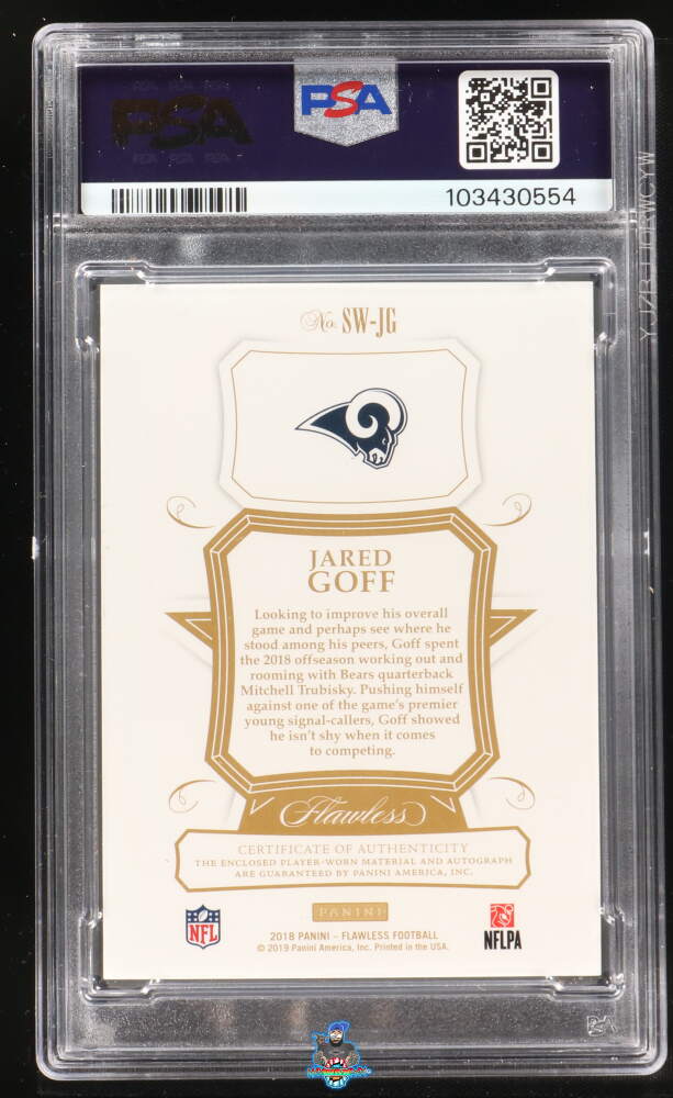 Back of 2018 Panini Flawless Star Swatch Signature Ruby Jared Goff #15 /5