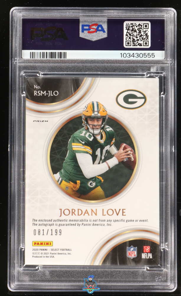 Back of 2020 Panini Select Rookie Signature Memorabilia Prizm Jordan Love #11 /199