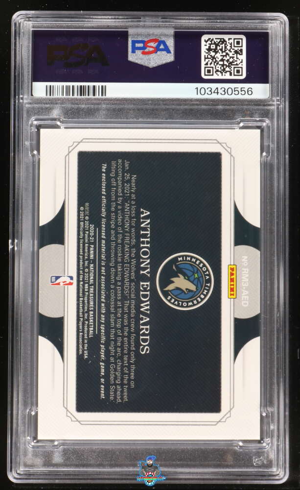 Back of 2020 National Treasures Rookie Triple Materials Anthony Edwards #21 /99