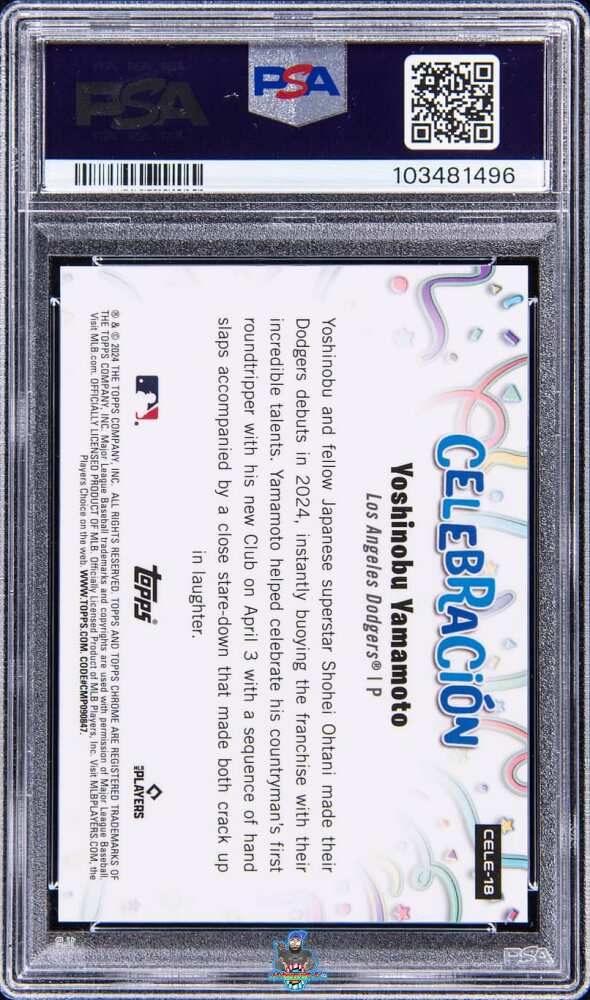 Back of 2024 Topps Chrome Update Celebracion Red Refractor Yoshinobu Yamamoto #18