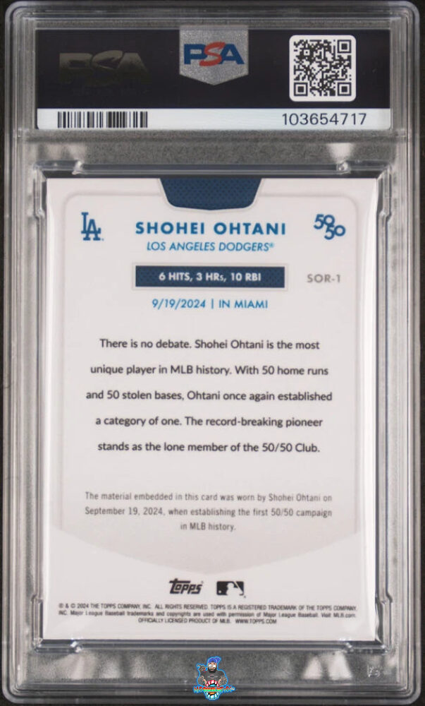 Back of 2024 Topps 50/50 Chrome Relic Shohei Ohtani #SOR1 /99