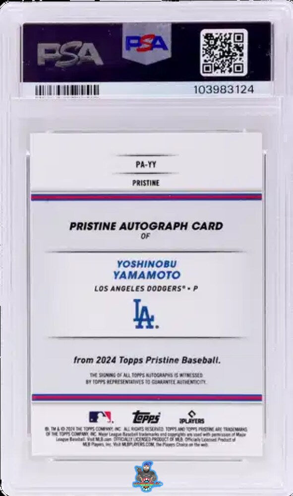 Back of 2024 Topps Pristine Autograph Orange Pristine Yoshinobu Yamamoto #PAYY /25