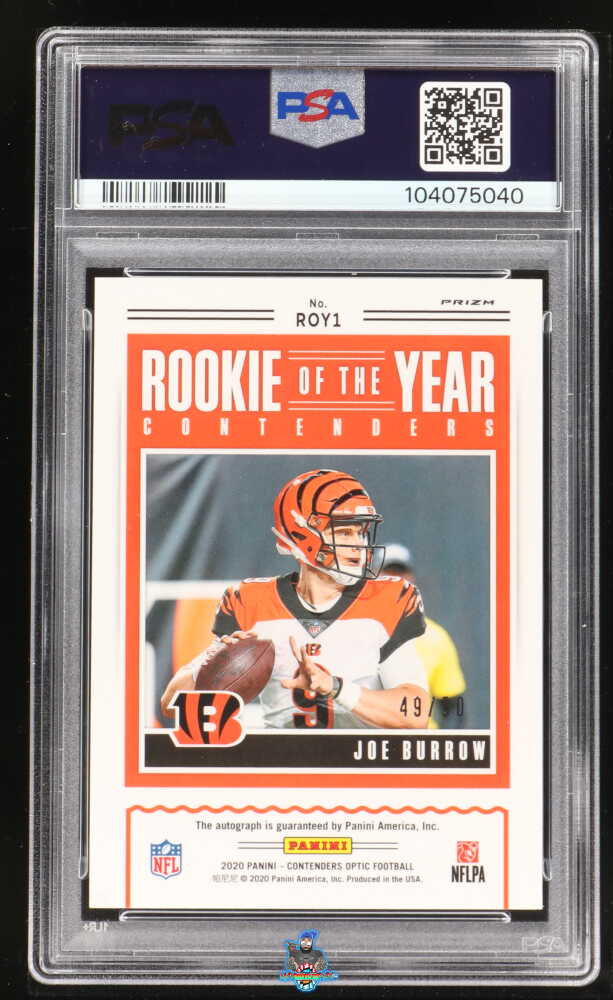 Back of 2020 Panini Contenders Optic Rookie of the Year Contenders Autograph Orange Joe Burrow #1 /50
