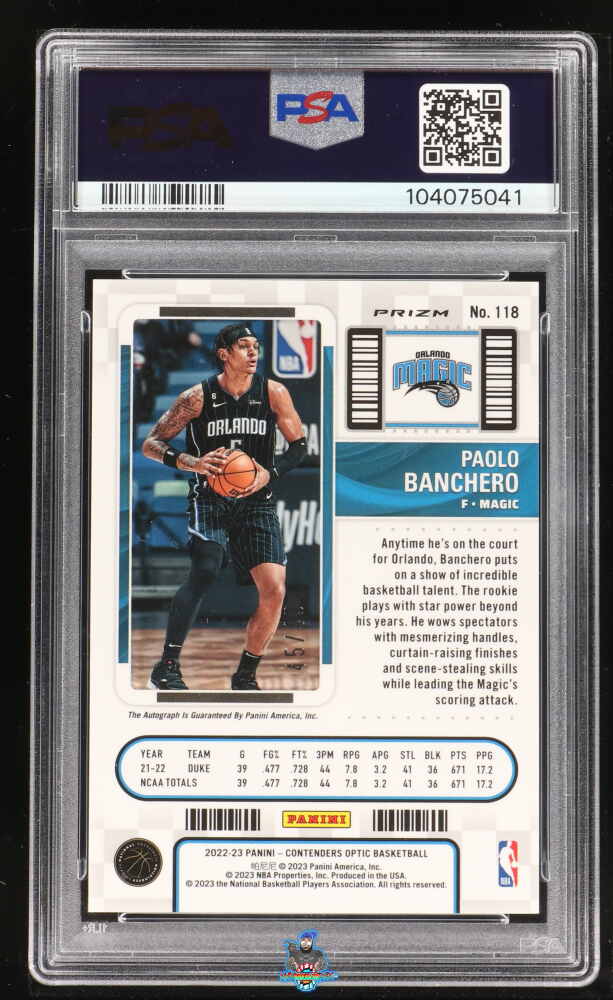 Back of 2022 Panini Contenders Optic Rookie Ticket Autograph Blue Paolo Banchero #118 /49