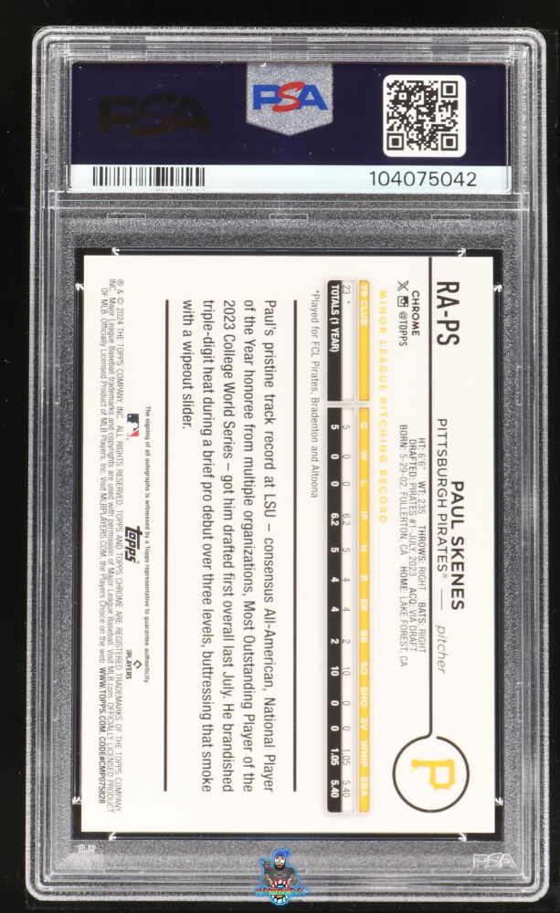 Back of 2024 Topps Chrome Update Chrome Baseball Update Series Autographs Autograph-Orange Ref Paul Skenes #RAPS