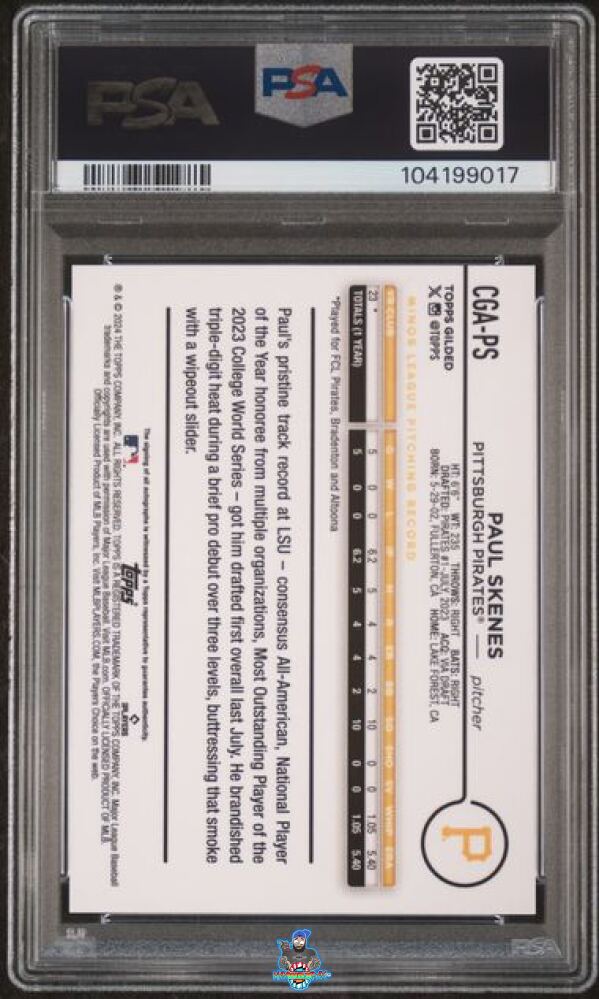 Back of 2024 Topps Gilded Collection Topps Chrome Autograph Blue Gold Paul Skenes #CGAPS /50