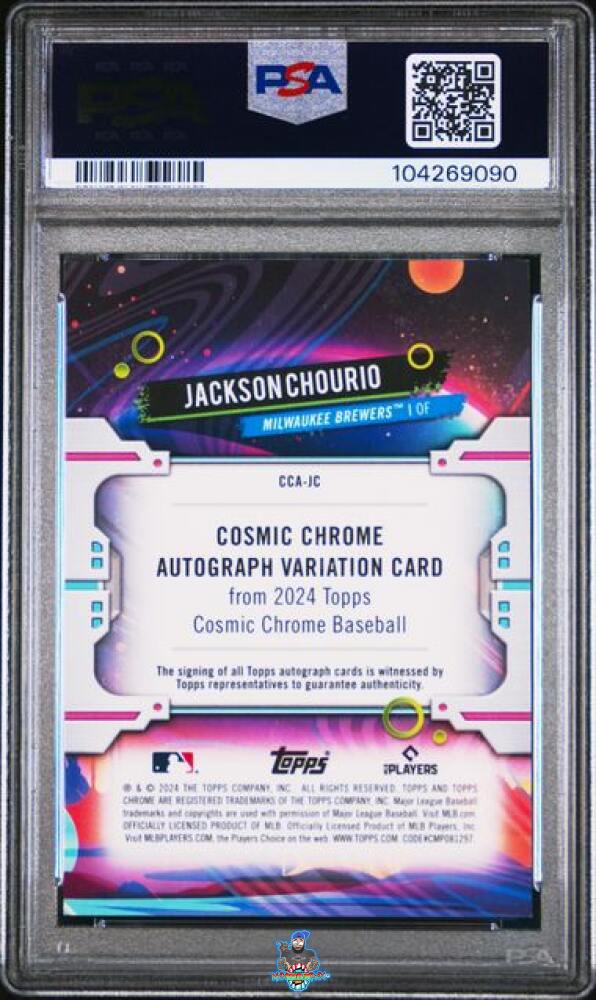 Back of 2024 Topps Chrome Cosmic Autograph Gold Interstellar Refractor Jackson Chourio #CCAJC /50